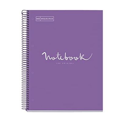 Miquelrius A4-notitieboek, 80 vellen, 90 g/m², gestippeld, gelinieerd (stippen), 1 gekleurde strip, microgeperforeerde spiraal, extra stevige omslag, 4 gaten, violet