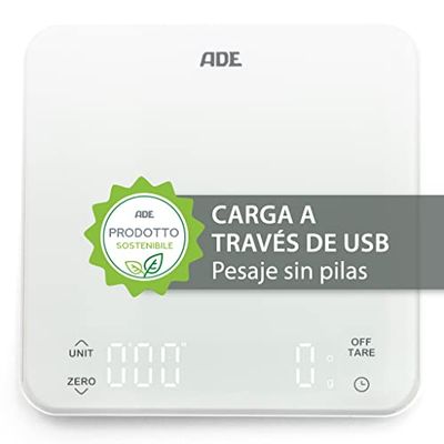 ADE Báscula digital de cocina con batería, carga por USB sin batería, báscula de café precisa con temporizador integrado, hasta 5 kg/1 g