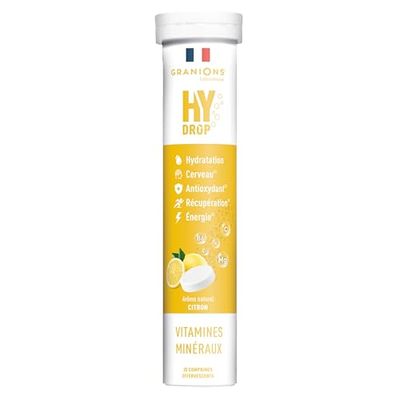 HYDROP ELECTROLYTE GRANIONS - Electrolytes Hydratation SANS SUCRE - Fabriqué en France - Vitamines, Minéraux, Magnesium - Pastille Hydratation - 20 Pastilles Effervescentes avec Electrolytes - Citron