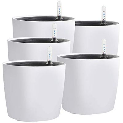 KINJOEK Lot de 5 Pots de 17,8 cm à arrosage Automatique avec indicateur de Niveau d'eau, Pots de Fleurs Modernes et décoratifs pour Jardin, Fleurs, Violettes africaines, Plantes Grasses, Blanc