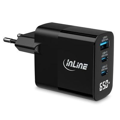 InLine USB-oplader, 3-poort, digitaal display met actueel energieverbruik, 2 x USB-C + 1 x USB-A, GaN, 65 W, snellader, PD3.0, QC3.0, voeding voor iPhone/Pro/Mini, Samsung en meer, 31552