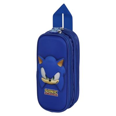 Sega-Sonic Face-3D Dubbele Etui, Blauw, 22 x 9,5 cm, Blauw, Eén maat, 3D Dubbele Pennenetui Gezicht
