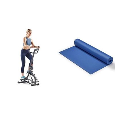 Sunny Health & Fitness Stair Stepper w/Handlebar, Extended Step Range Machine for Climbing Exercise + Yoga Mat - Blue
