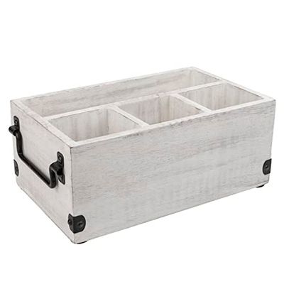GoCraft 4 Compartment Flatware Caddy, Cutlery Holder, Silverware Condiment Organizer with Napkin Holder for Kitchen, Dining, Picnics, White Washed Mango Wood Caddy with Metal Handles