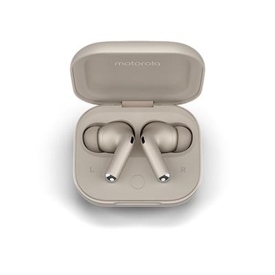 Motorola Moto Buds Plus, bezprzewodowe słuchawki, aktywna redukcja szumów, bezprzewodowe słuchawki Sound by Bose, przestrzenny dźwięk Dolby Atmos z, słuchawki Bluetooth autonomia do 38 godzin, beżowy