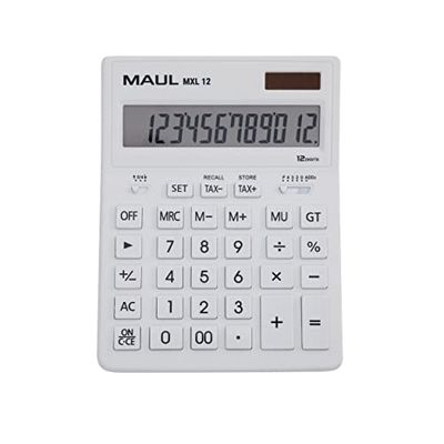 MAUL calculadora Bolsillo MXL 12 | Pantalla Grande de 12 dígitos | Calculadora Grande con Funciones comerciales | Calculadora con batería y energía Solar | 20,5 x 15,5 x 3,5 cm | Blanco