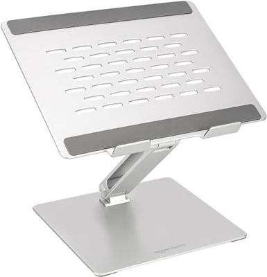 Amazon Basics, Supporto per laptop con ventola di raffreddamento, regolabile ed ergonomico, con regolazione dell'altezza e dell'angolazione continue, per laptop da 17,3", argento