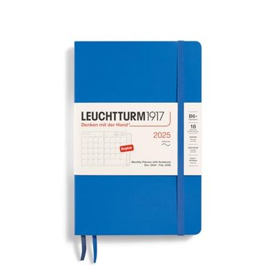 LEUCHTTURM1917 370807 Monthly Planner & Notebook 2025, Paperback B6+ Softcover - 16 Months, Lined - Sky, English