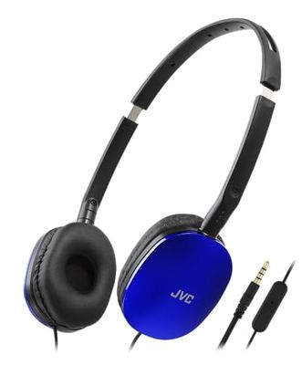 JVC HA-S160M-A-U Casque Plat Pliable et Compact Couleur Brillante avec Interrupteur Marche/arrêt pour Microphone, idéal pour Le télétravail et Les réunions en Ligne (Bleu)
