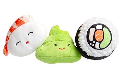 Pearhead Sushi pluche speelgoed, duurzame piepende hondenspeelgoedset, zacht kauwspeelgoed, huisdiereigenaar moet hondenaccessoire hebben, set van 3