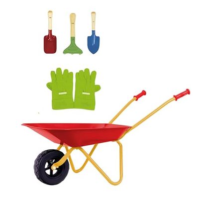 Theo Klein- Carretilla Infantil con Accesorios I De Metal, aguanta hasta 10 kg de Carga I Incluye robustas Herramientas de Juguete para el jardín I Apto para niños a Partir de 3 años (7669)
