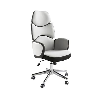 Silla oficina giratoria con asiento tapizado en tela gris claro y respaldo de pvc blanco acabado brillo, con reposabrazos. Patas fabricadas en acero inoxidable cromado y asiento regulable en altura.