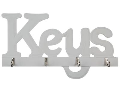 DRW Sleutelhaak van wit hout voor het ophangen van sleutels met 4 haken, 3 x 33 x 15 cm