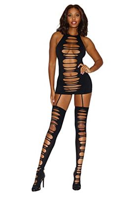 Dreamgirl Women's Seamless Opaque Dress With Slash Details and Attached Thig-highs??? ???? ?? ??? ???vestid adult exotic costumes, Black, One Size UK