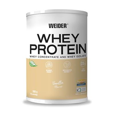 Weider Whey Protein (300g) Vanilla Flavour. Whey Protein from Concentrate and Isolate, 23g/Serving. with Digestive Enzymes, L-Glutamine Kyowa Quality and Stevia. No Added Sugars. 10 Servings