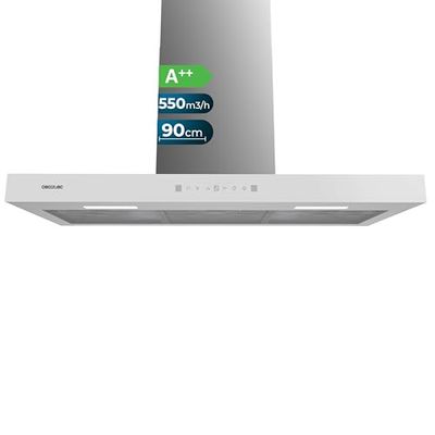 Cecotec Hotte Aspirante Flux TT 905500 Glass White A++. 90 cm, 70W, Faible Consommation d'Énergie, Aspiration 550m3/h, Commande Tactile, 3 Niveaux, Éclairage LED, Filtre à Charbon
