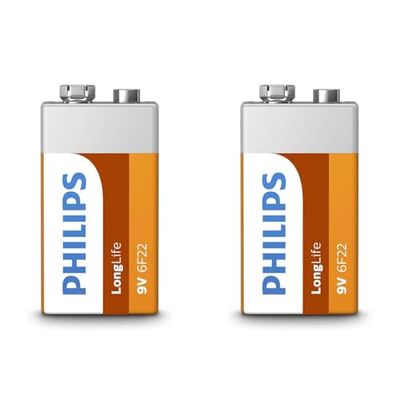 Philips 6F22L1B/10 LongLife Batteria, 9 V, 38.5 g, Arancione (Confezione da 2)