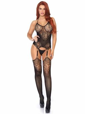 Leg Avenue 89175 One Size 6 to 12 Black Seamless Lace Jacquard Net Suspender Halter Bodystocking