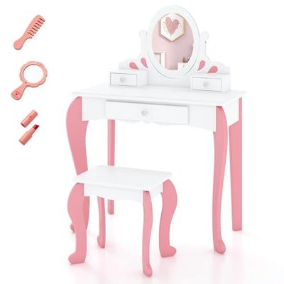 FANTASK Coiffeuse pour Enfant avec Miroir Rotatif à 360 °, Coiffeuse de Princesse Blanche avec Tabouret et tiroirs, Commode de Maquillage pour Fille