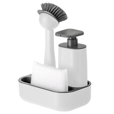 Vigar - Set Fregadero - Con Cepillo, Esponja y Dispensador de Jabón - 19 x 13 x 26.5 cm - Rengo - Dispensador de 200 ml - No Raya la Vajilla - Blanco