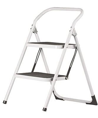 Amig – 2-Step Folding Ladder | Folding Stool | Dimensions: 77 x 57 x 47 cm | Stool with Two Non-Slip Steps | Maximum Weight Capacity: 150 kg | Steel | White and Black