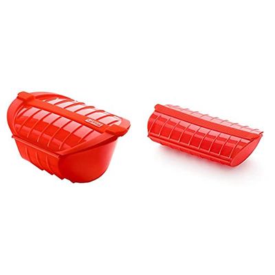 Lékué Estuche hondo de vapor XL, capacidad de 1000 ml, para 3-4 personas, color rojo + Estuche de vapor, 1-2 personas, color rojo