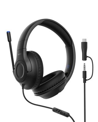 Belkin Gaming Inspire Bedrade Headset voor kinderen met USB-C-adapter, koptelefoon met verstelbare boommicrofoon, max. 85dB, voor Nintendo Switch 2, iPhone 16, Galaxy S25, Tablet, voor op reis - Zwart