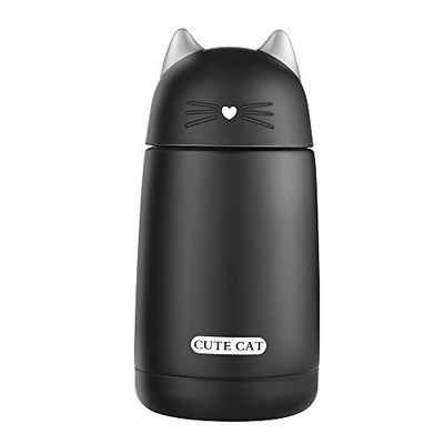 Beyonda Bouteille isotherme anti-fuite en forme de chaton - En acier inoxydable - Avec poignée - Pour l'extérieur - Pour enfants et bébés - Noir