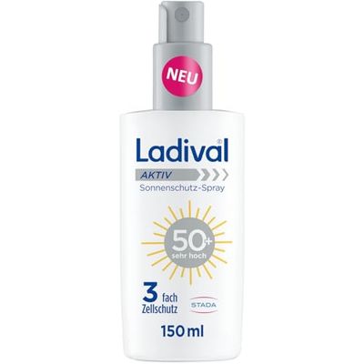 Ladival Spray solare attivo SPF 50+, protezione solare per il corpo, ideale per sport e viaggi, resistente al sudore, impermeabile, con protezione a 3 celle, 150 ml