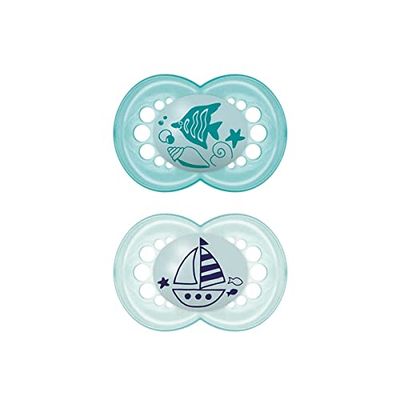 MAM SkinSoftTM Original Pacifier S215 – Ultra-Soft Silicone Teat for Babies 16+ Months, Blue (2 Pack) with Self-Sterilising Box, Spanish Version