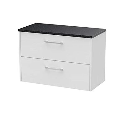 Hudson Reed JNU2126LSB Juno Modern Bathroom Wall Hung 2-Drawer Vanity with Black Sparkle Laminate Worktop, 800mm, Woodgrain White Ash