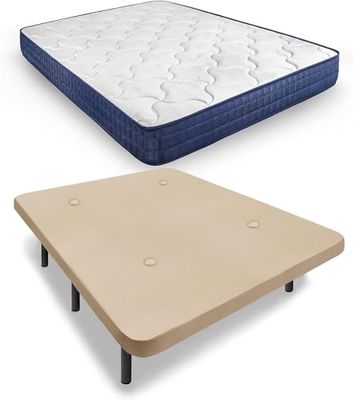 HOGAR24 ES - Cama Completa con Base Tapizada en Color Beige con Juego de Patas de 26 cm y Colchón Relax Edition con Tratamiento Aloe Vera - Medida: 105x190 cm