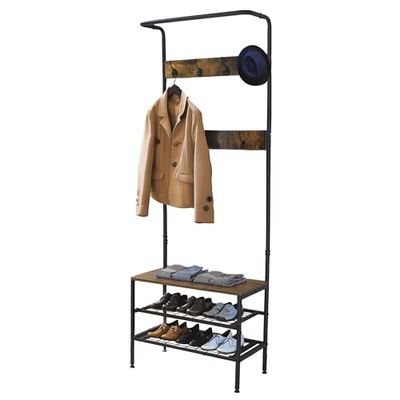 Amig - Appendiabiti con scarpiera Lukïen | Mobile da corridoio con panca in stile industriale | 183x66x32,5 cm | Metallo e legno | Nero e marrone | Mobile per corridoio o ingresso in stile rustico
