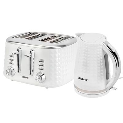 Geepas 4 Slice Bread Toaster & 1.7L Cordless Electric Kettle Combo Set with Textured Design – 1750W Toastie Machine with 7 Browning Control - 2200W Kettle with Auto Shut Off & Boil Dry Sensor - White