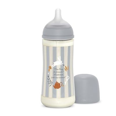Suavinex, Babyfles 360 ml - flesje met fysiologische siliconenzuiger SX Pro en anti-koliek ventiel - babyfles met dichte speen (L) - voor baby's vanaf 6 maanden - Wonderland - lichtblauw