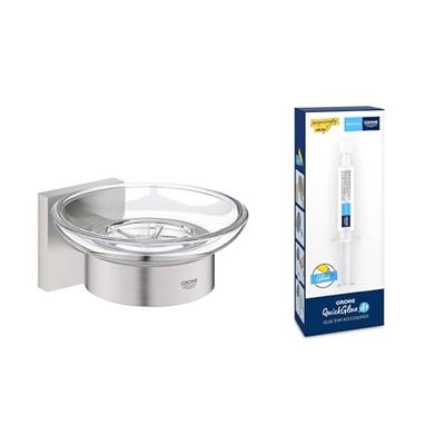 Lot de GROHE Start Cube Porte Savon avec Support pour Salle de Bain, Supersteel, Chromé, 41096DC0 + GROHE Kit colle Quickglue A1, 41127000