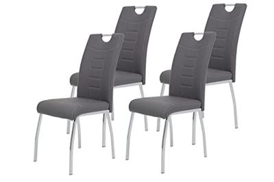 Hela Tische, Andrea Conjunto de 4 cadeiras de sala de jantar com revestimento de pele sintética cinzenta, estrutura com tubo redondo cromado, 100 x 43 x 64 cm