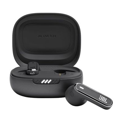 JBL Live Flex Auricolari Wireless Bluetooth, Design Open-Ear Resistente ad Acqua e Polvere IP54, Cancellazione Adattiva del Rumore, 6 Microfoni, Surround, fino a 40 h di Autonomia, Nero