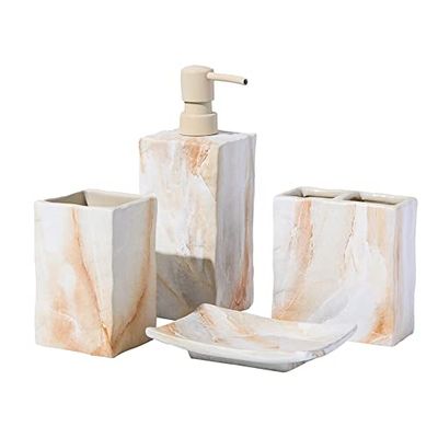 RQYIXI Juego Completo de Accesorios de baño de cerámica, 4 Piezas, Estilo Retro, impresión de Transferencia de Agua, dispensador de jabón y Soporte para Cepillo de Dientes