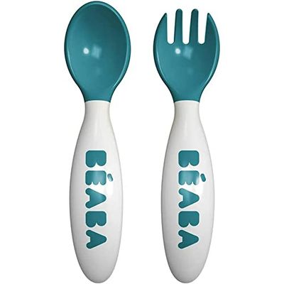BÉABA, Lote de 2 talheres ergonómicos de aprendizagem segunda idade, a partir de 8 meses, fácil manuseio para bebé, adequado para destros e canudos, caixa de transporte incluída, azul.