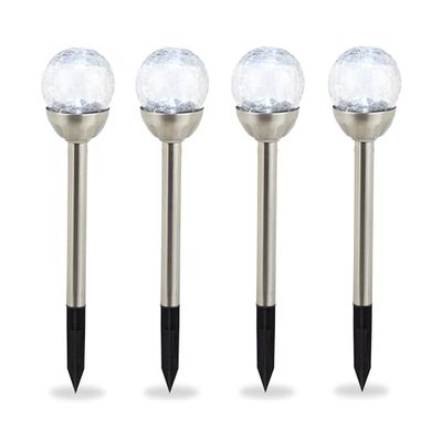 Relaxdays Jardin Boule de Verre en Jeu de 4, Lampes solaires Effet calcin, imperméable, lumière Blanche Argent
