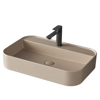 EMKE Lavabo da appoggio rettangolare – Lavabo per bagno e WC ospiti – 60 × 40 × 11 cm, Lavabo in ceramica, Beige opaco
