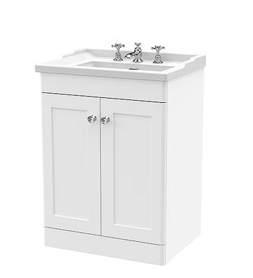nuie CLC125G Classique Floor Standing 2 Door Vanity Unit & 3 Tap Hole Ceramic Basin, 600mm, Satin White