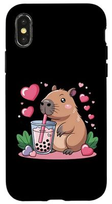 Kawaii Capybara Boba Tea Pink Hearts Cute Animal Case for iPhone X/XS