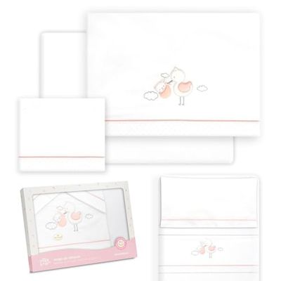 Interbaby Babylakan i bomull för barnsäng, stork björn, set med 3 st + bäddsoffa + örngott