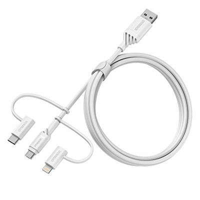 OtterBox Cable Reforzado 3 en 1 con conectores USB-A, USB-C y Lightning, Cable de carga para Smartphones y Tablets, Ultra resistente, Testeado para doblados y torsiones, 1M, Blanco