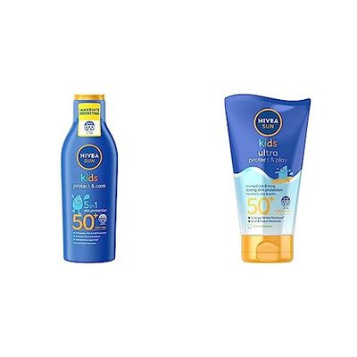 NIVEA SUN Kids Moisturising Sun Lotion SPF50+ (200 ml), Moisturising Suncream with SPF50+ & SUN Kids Swim & Play // Ultra Protect & Play SPF 50+ Lotion (150ml), Water-Resistant Sunscreen