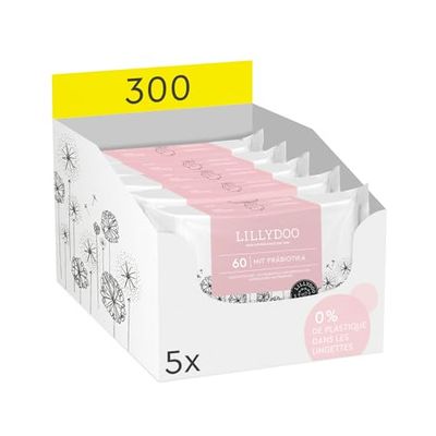 Lingettes LILLYDOO avec prébiotiques, 300 pièces (5 x 60), tissu 100% sans plastique, sans parfum