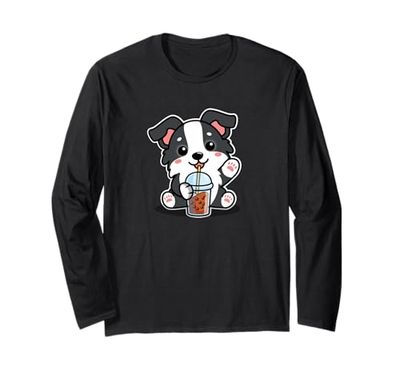 Cute Funny Kawaii Kids Boba Bubble Tea Border Collie Lover Maglia a Manica