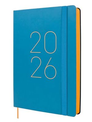 Finocam - Kalender 2026, 1 dag per pagina, januari - december (12 maanden), A5 met elastiek en puntband, zachte omslag Flexi glad, blauw, Spaans